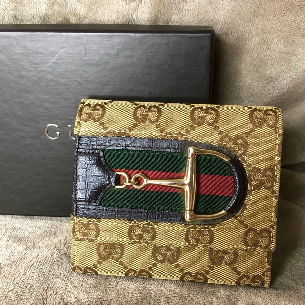 GUCCI GG Sherry Line Horsebit Trifold Canvas Leather Wallet and GUCCI BOX Mint